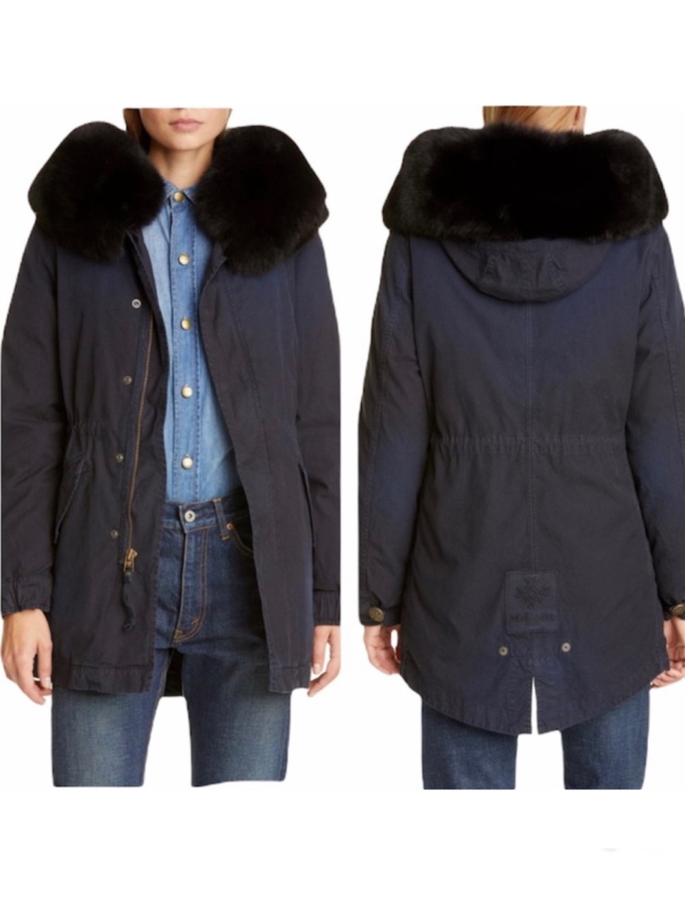 MR & MRS ITALY Hooded Cotton Parka With Removable Fox Fur Trim NEW Size M Navy